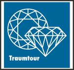 Logo Traumtour Diamant showing two white diamonds on blue ground