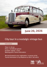 Poster adverstising English city tour of Kaiserslautern in a nostalgic vintage bus